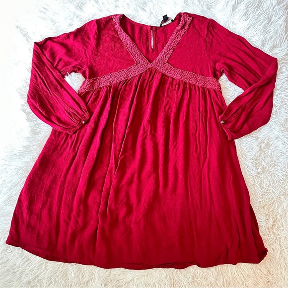 Suzanne Betro Boho Lace Trim Dress Red Textured Long Sleeve Size Large - Picture 10 of 15